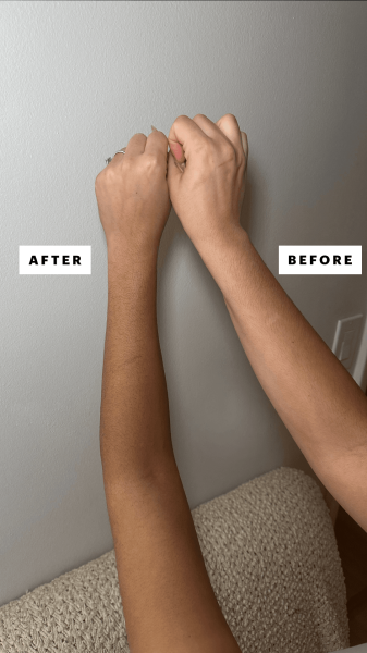 Left arm is after applying the Dolce Glow Lusso SelfTanning Mousse and right arm is before