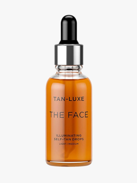 Tan-Luxe The Face Illuminating Self-Tan Drops in branded dropper component on a light gray background