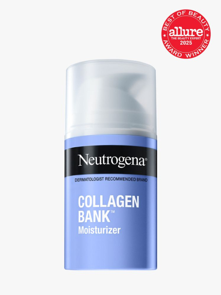 Neutrogena Collagen Bank Face Moisturizer in branded purple bottle with white pump on light gray background with red Allure Best of Beauty seal in the top right corner