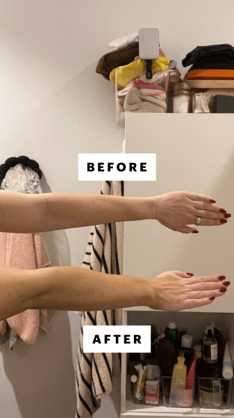 A photo of Allure commerce writer Lily showing her left untanned arm and her right tanned arm two hours after applying...